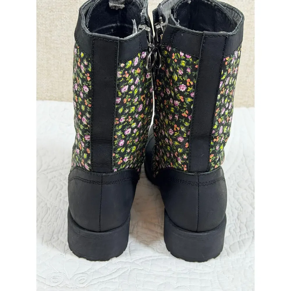 Denim Supply RL Women 8 Black Floral Print Side Zip Lace Up Torie Granny Boots